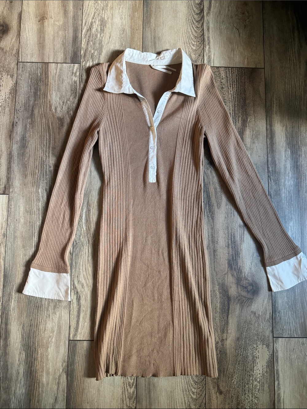 Anthropologie Ribbed Long-Sleeve Polo Dress in Tan with White Trim